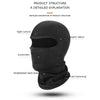 Forro de casco balaclava negro mostrando su estructura: sutura, tela elástica, protector solar y longitud.