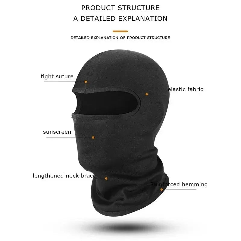 Forro de casco balaclava negro mostrando su estructura: sutura, tela elástica, protector solar y longitud.