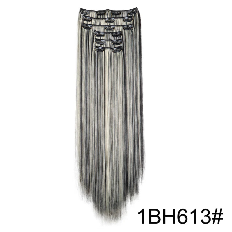 Long straight hair extensions with silver and gray highlights