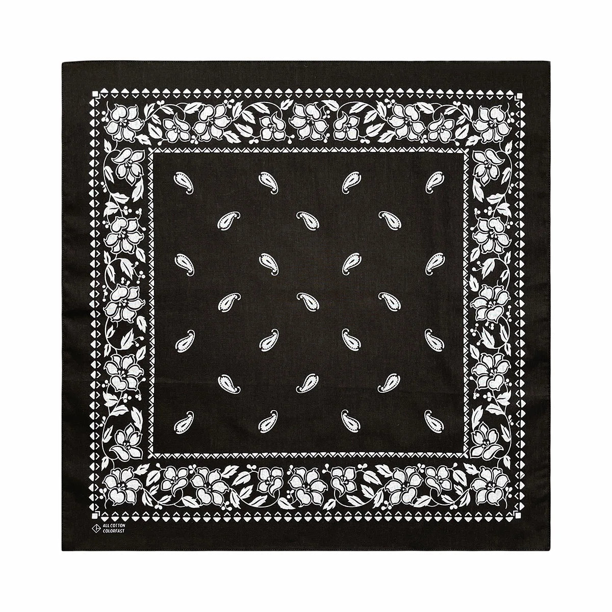 Tela negra con bordado floral blanco y un borde de diseño cuadrado central.