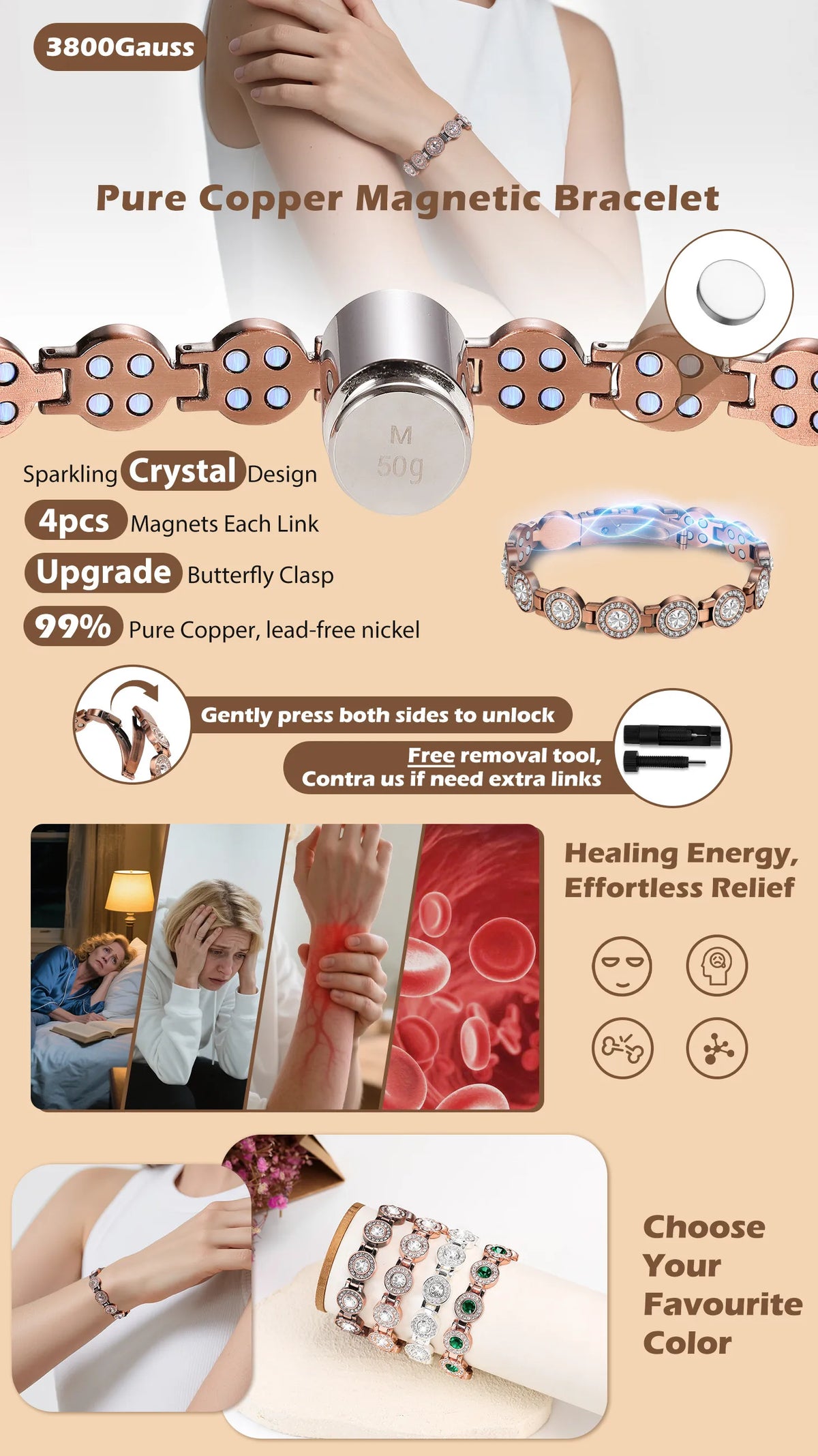 A close-up of a pure copper magnetic bracelet featuring sparkling crystals and a butterfly clasp on a woman's wrist.