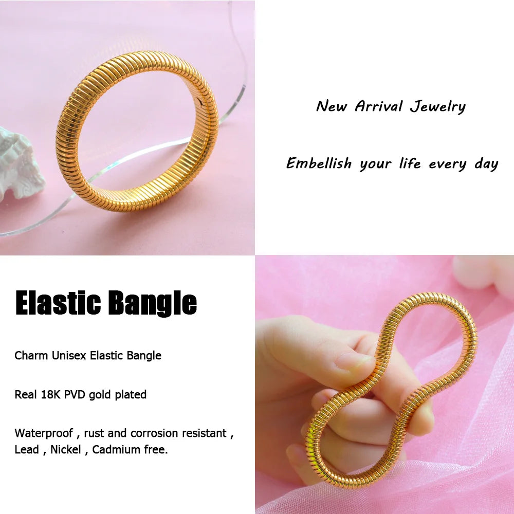 A close-up of a new arrival gold plated elastic bangle bracelet on a pink background.
