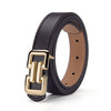 A black leather belt with a gold-toned buckle and a tan leather strap.