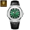 A silver-toned men's watch with a dark green dial and black leather strap, featuring a prominent logo.