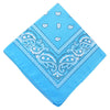 Light blue paisley bandana fabric with white patterns folded into a diamond shape