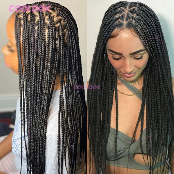 A woman modeling a full lace box braid wig for black hair, showing the braided texture and length.