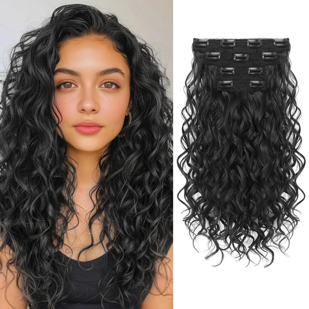 A close-up photo of a woman with long, dark curly hair, next to a pack of black synthetic hair extensions.