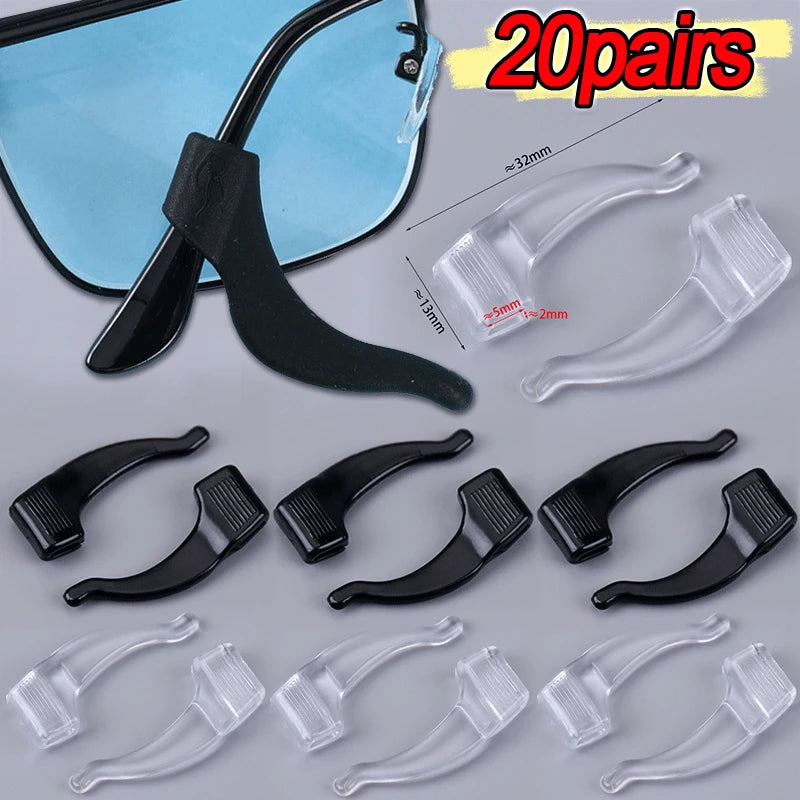 A collection of 20 pairs of clear silicone anti-slip ear hooks for securing eyewear.
