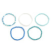 A set of four beaded anklets in various shades of blue and white.