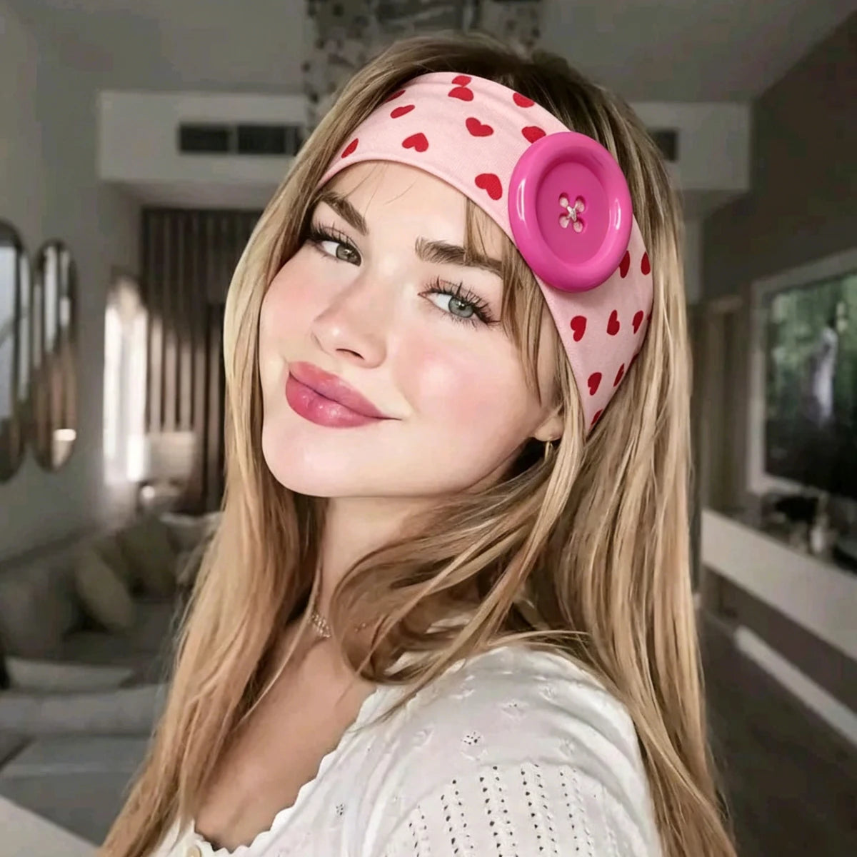 A young woman with long blonde hair wears a pink polka dot button headband and a white top.