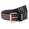 A black leather belt featuring square bead rivet pyramid detailing and a rose gold buckle.