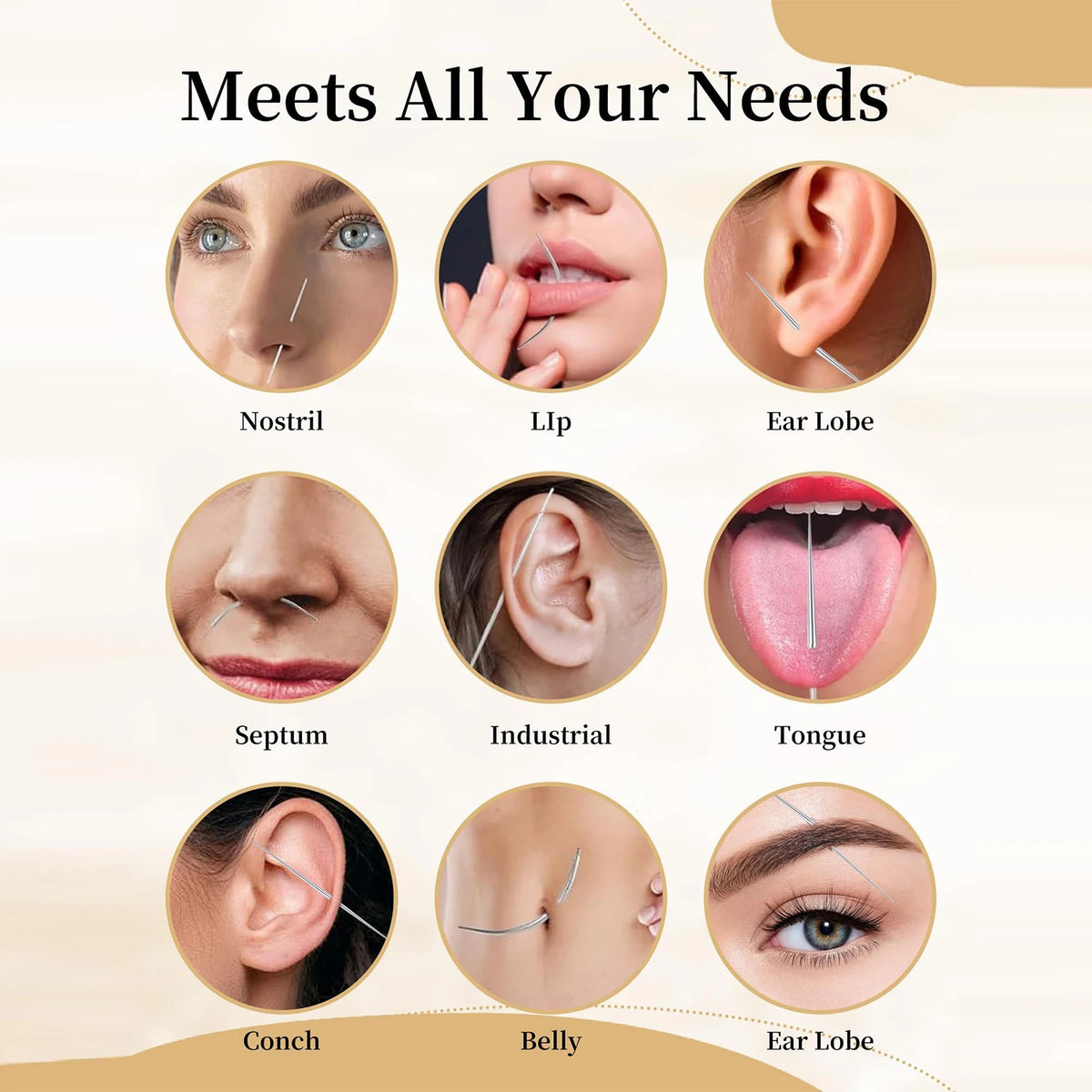 A collection of titanium piercing tools for various body parts including nostril, lip, ear lobe, septum, tongue, and conch.