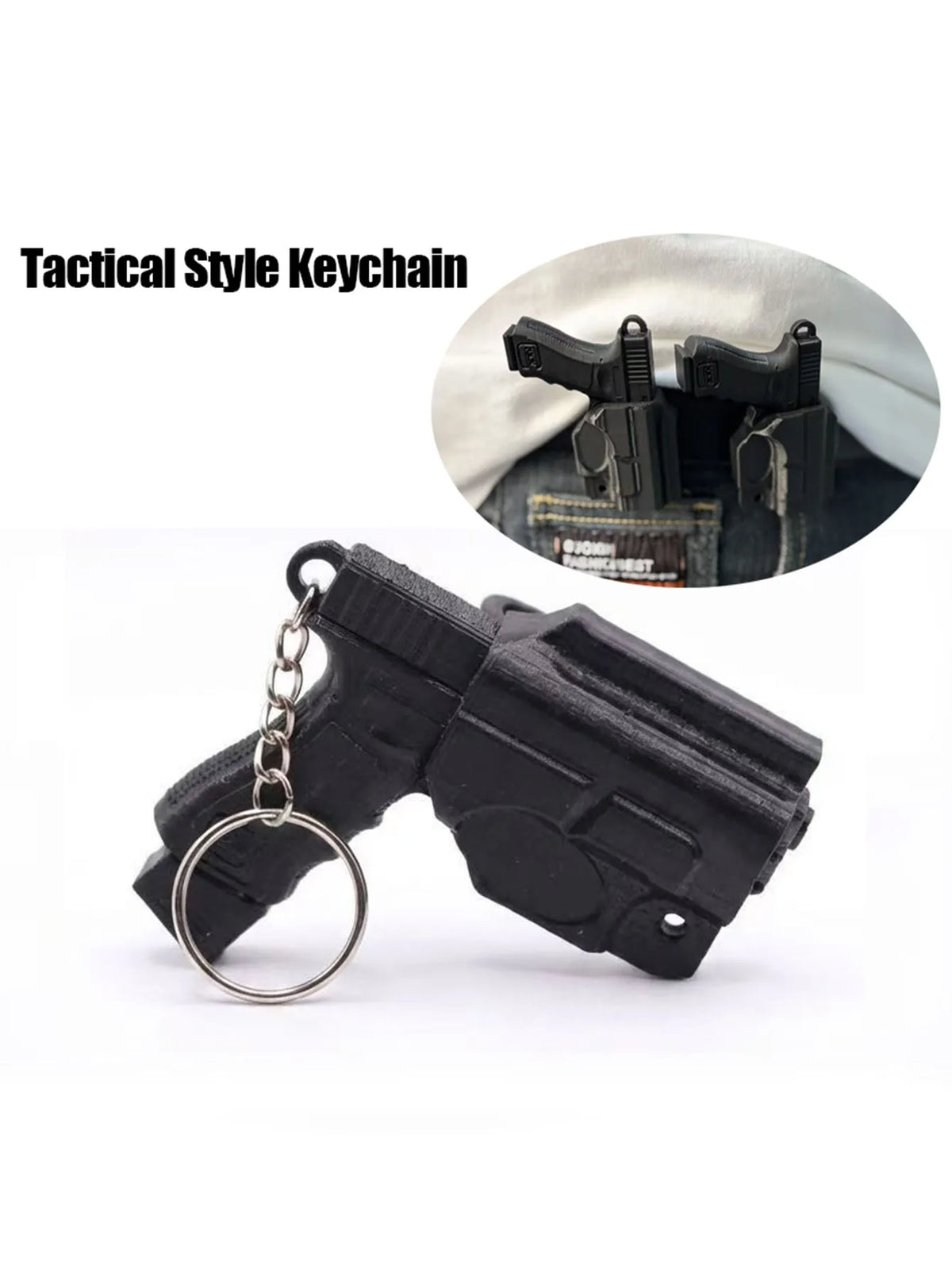 A black tactical pistol keychain featuring a detachable holster and a metal ring.