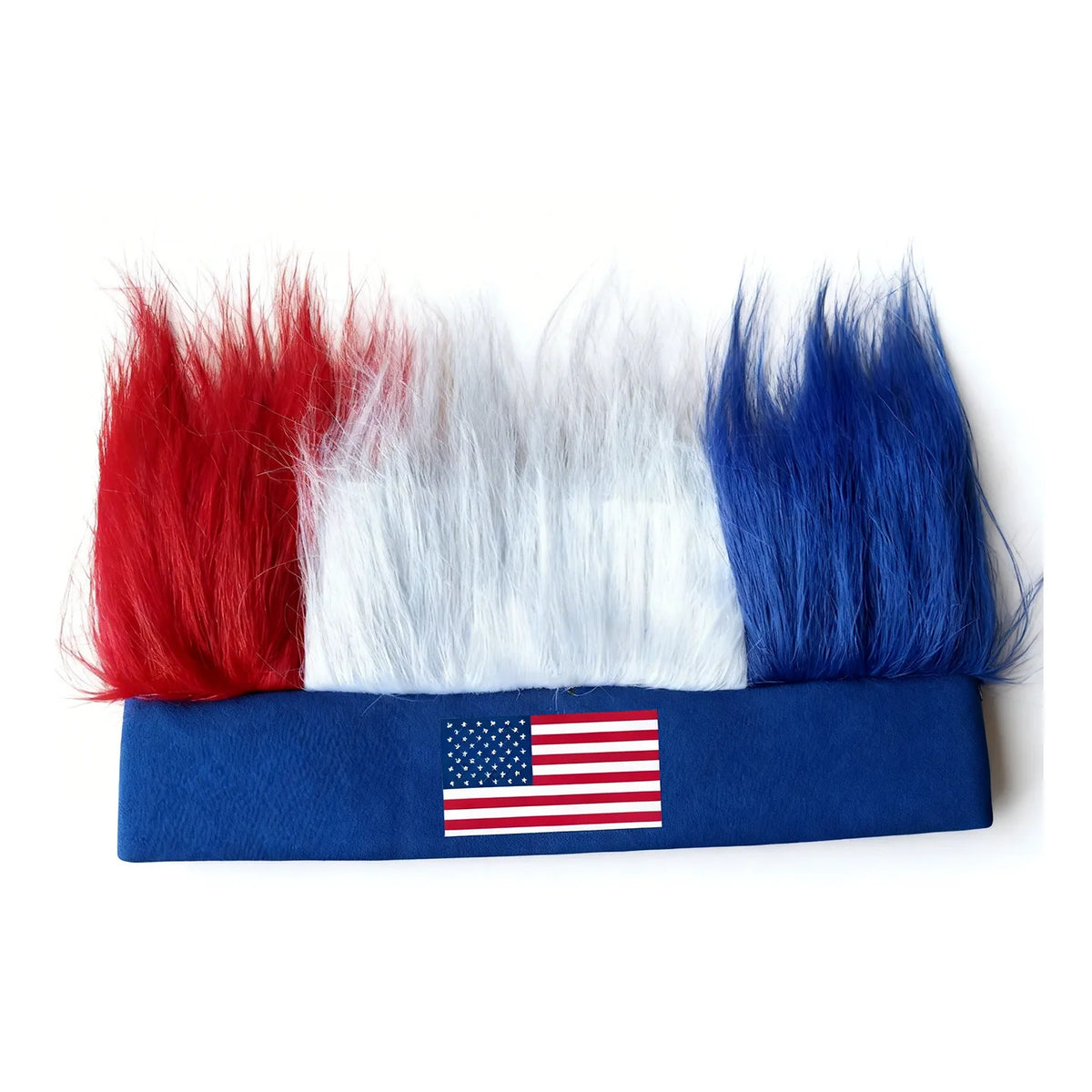 Fan-Perücke mit Stirnband, featuring the red, white, and blue colors of the American flag.