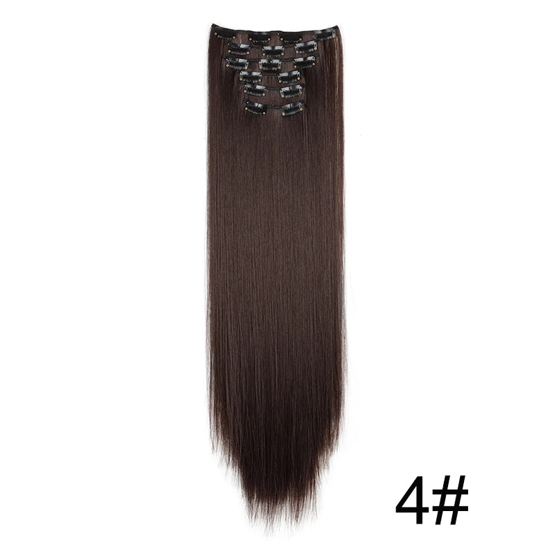 A bundle of long, straight, dark brown hair extensions with small metallic details.