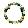 A bracelet made of natural stone and wooden beads featuring various shades of green, gold, and brown stones.