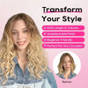 Before and after comparison showing a woman's hair transformation using synthetic extensions.