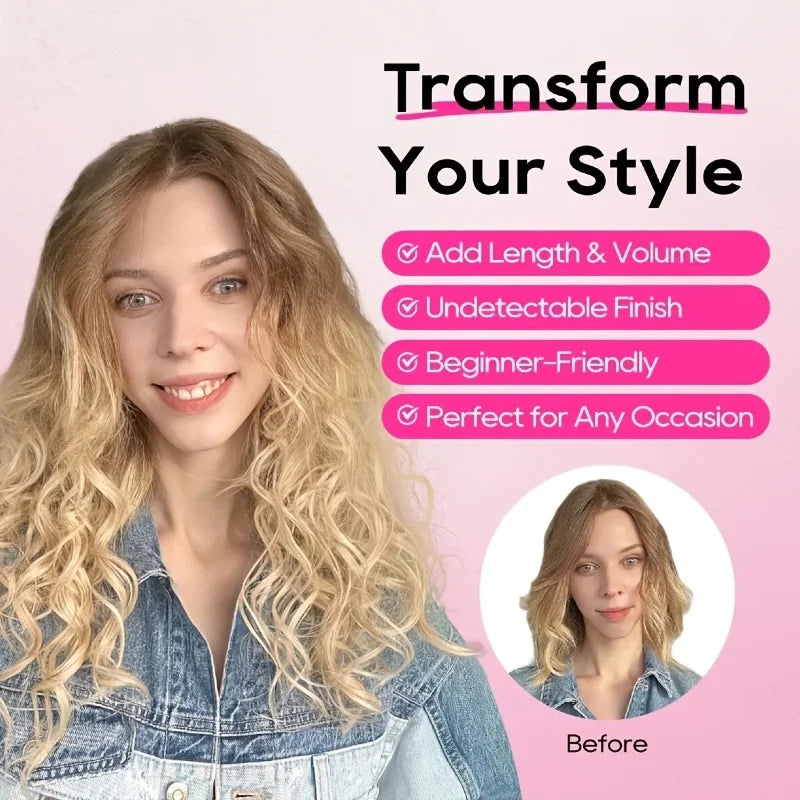 Before and after comparison showing a woman's hair transformation using synthetic extensions.