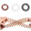 Trois arrangements circulaires de pinces à cheveux en plastique, formant des diamants élastiques, montrant différents styles 