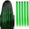 A bundle of five long, straight, bright green synthetic hair extensions for clip-in use.