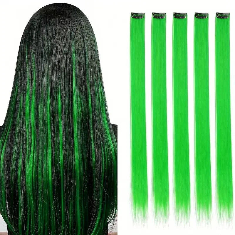 A bundle of five long, straight, bright green synthetic hair extensions for clip-in use.