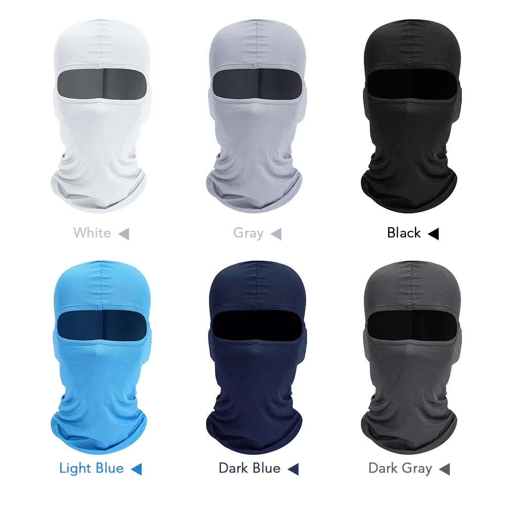 A set of tactical full face balaclavas in white, gray, black, light blue, dark blue, and dark gray.