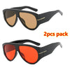 A pair of black retro oval sunglasses with gold accents shown in a 2-piece pack.