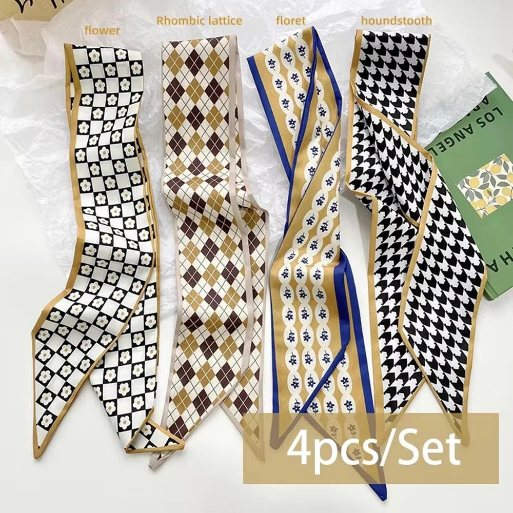 A set of four silk satin hair and bag accessories featuring rhombic lattice, florets, and houndstooth patterns.