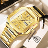 A gold-toned men's watch with a stainless steel bracelet and a light-colored box.