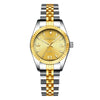 A luxury golden quartz wristwatch with silver and gold tone metal bracelet.