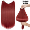 A close-up of a straight, reddish-brown hair extension being held by a hand.