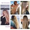A collage showing various styles of long straight hair extensions in blonde and light brown shades.