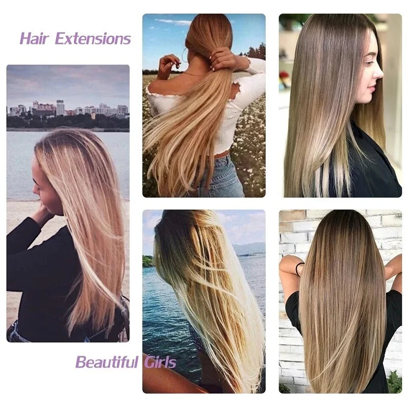 A collage showing various styles of long straight hair extensions in blonde and light brown shades.