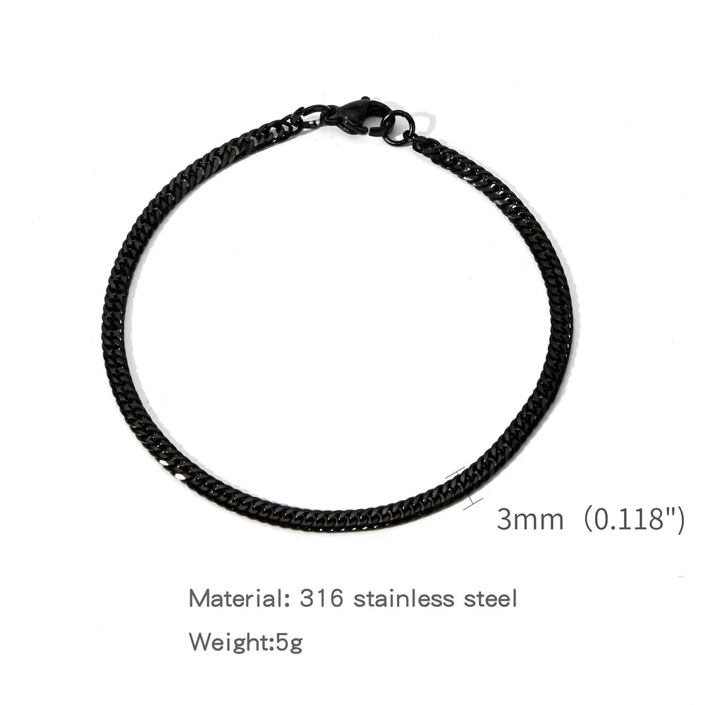 Black stainless steel Cuban link bracelet with a simple circular design.