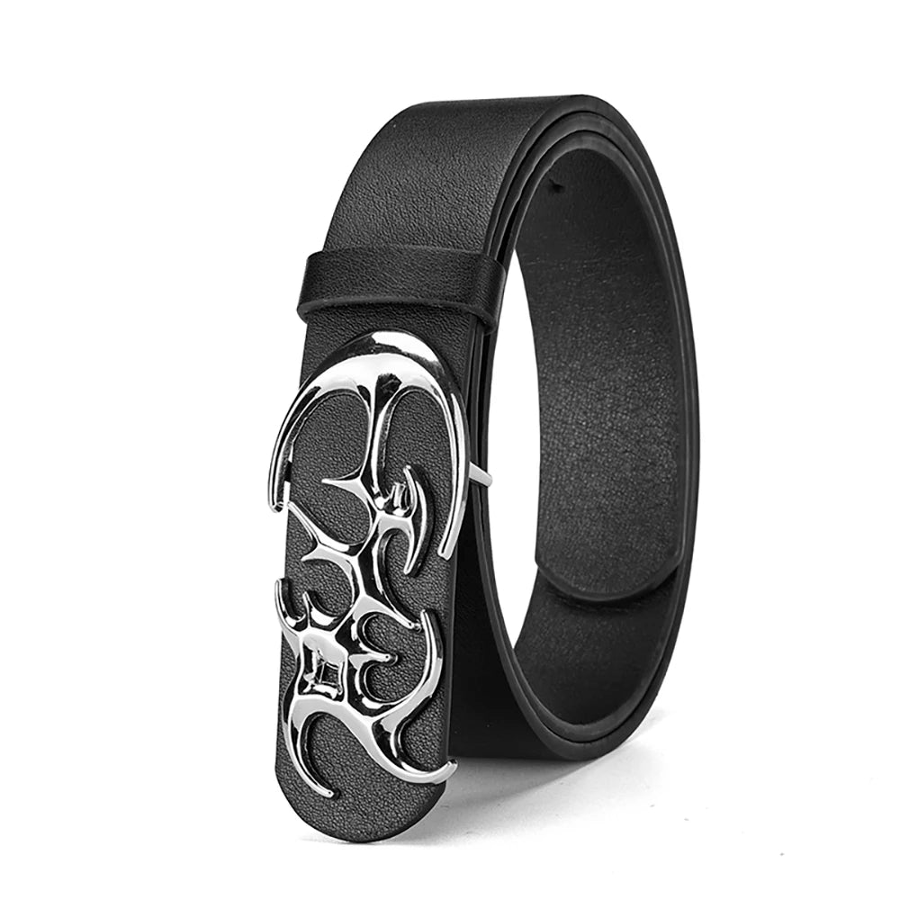 Black leather belt with a silver geometric alloy buckle