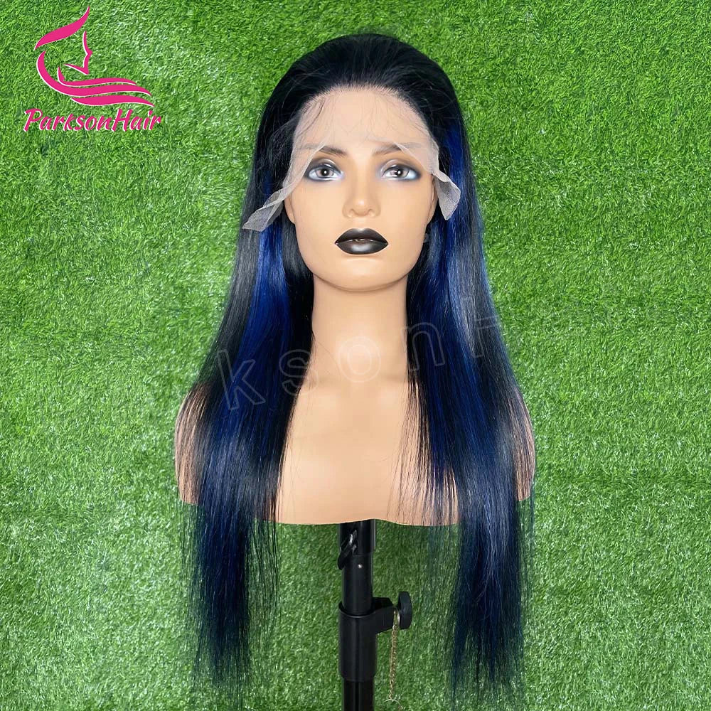 Exhibición de maniquí con cabello humano largo, liso azul y negro con flequillo de encaje.