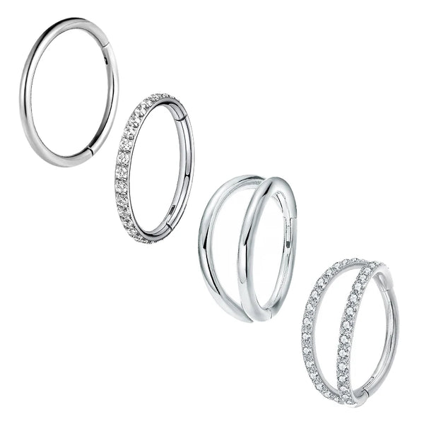 A set of stainless steel CZ segment hoop and clicker nose piercing jewelry.