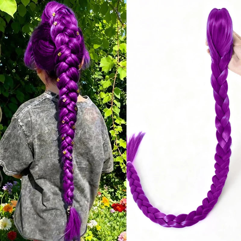 A close-up of vibrant purple braided hair extensions being held up against a white background.