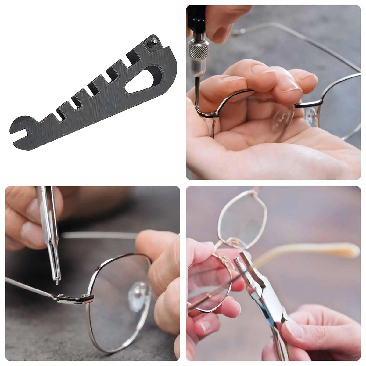 A black precision tool used to adjust or remove eyeglasses, shown in various contexts.