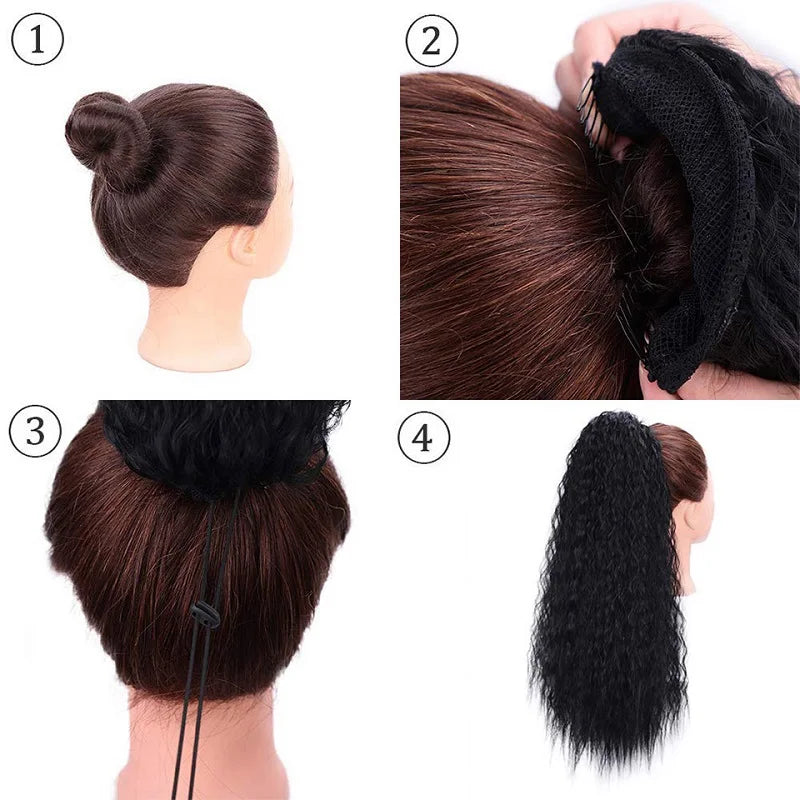 Four views of a black synthetic kinky curly ponytail hair extension clip-in hair