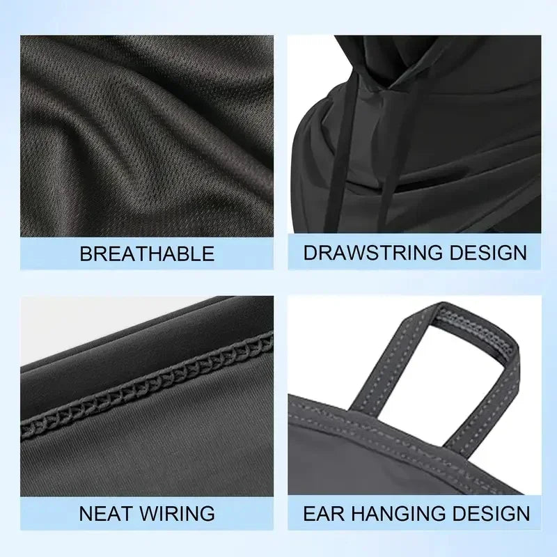 Black lightweight sun protection hood featuring breathable fabric, drawstring design, neat wiring, and ear hanging design.