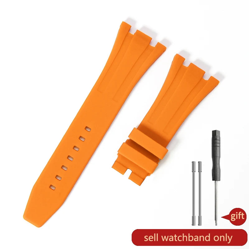 Orange silicone watch band for replacement, shown flat and packaged with a gift tag.