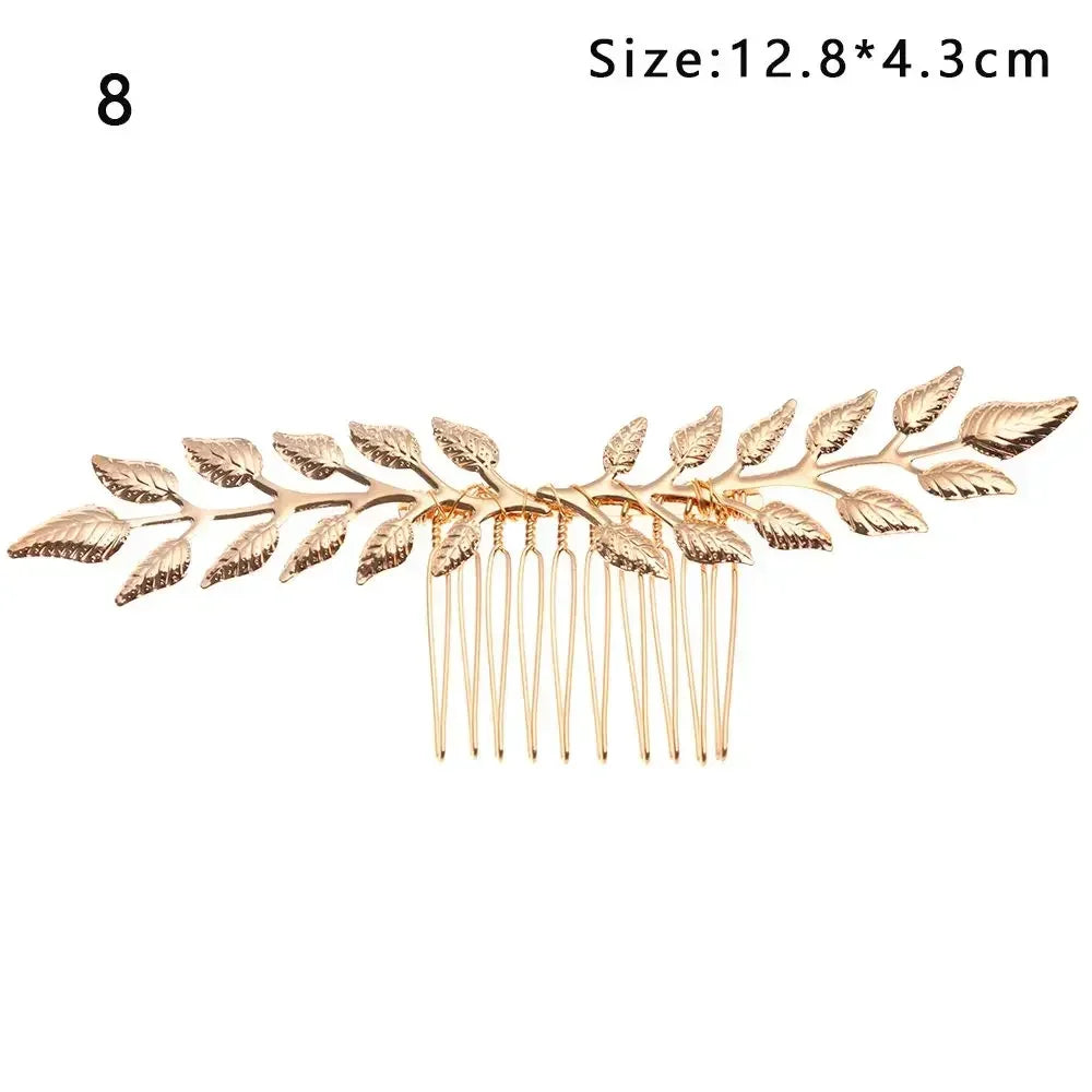 A delicate gold leaf headband featuring small leaves and long strands for bridal or party wear.