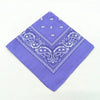Purple cotton bandana scarf featuring white paisley and geometric patterns