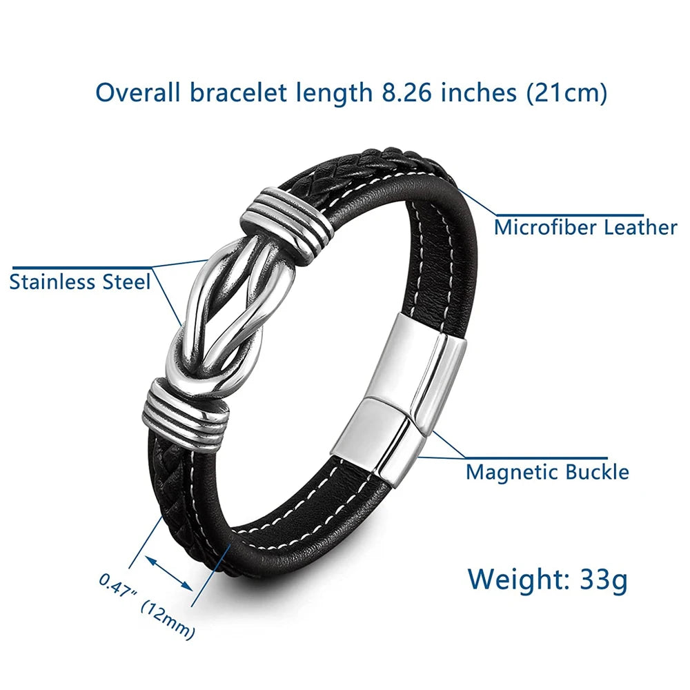 A black microfiber leather bracelet with a stainless steel knot and magnetic buckle.