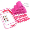 A pink silicone heatless hair roller set with a clear pouch and measuring tape showing various sizes.