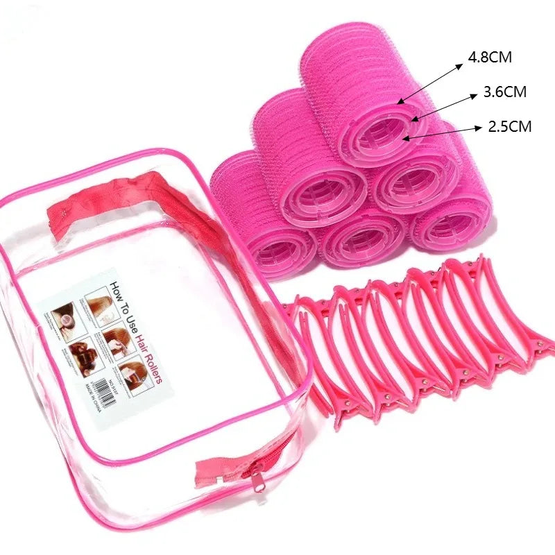 A pink silicone heatless hair roller set with a clear pouch and measuring tape showing various sizes.