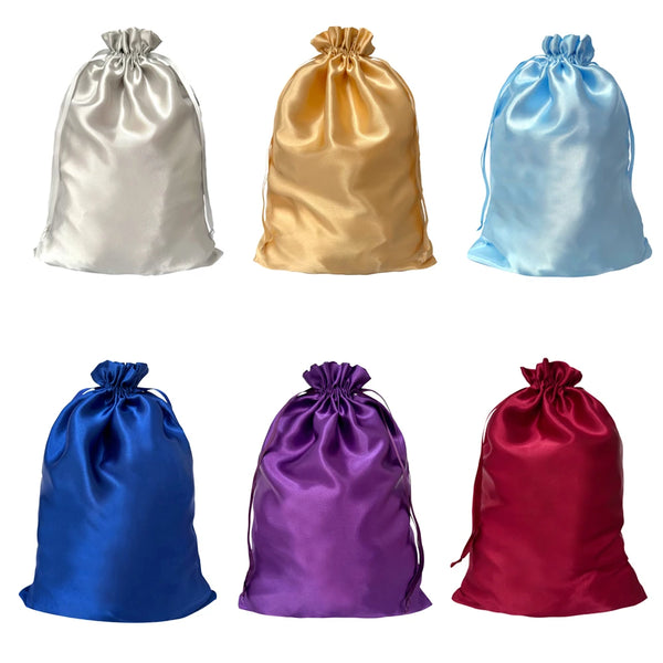 A collection of five satin drawstring storage bags in silver, gold, light blue, royal blue, purple, and red.