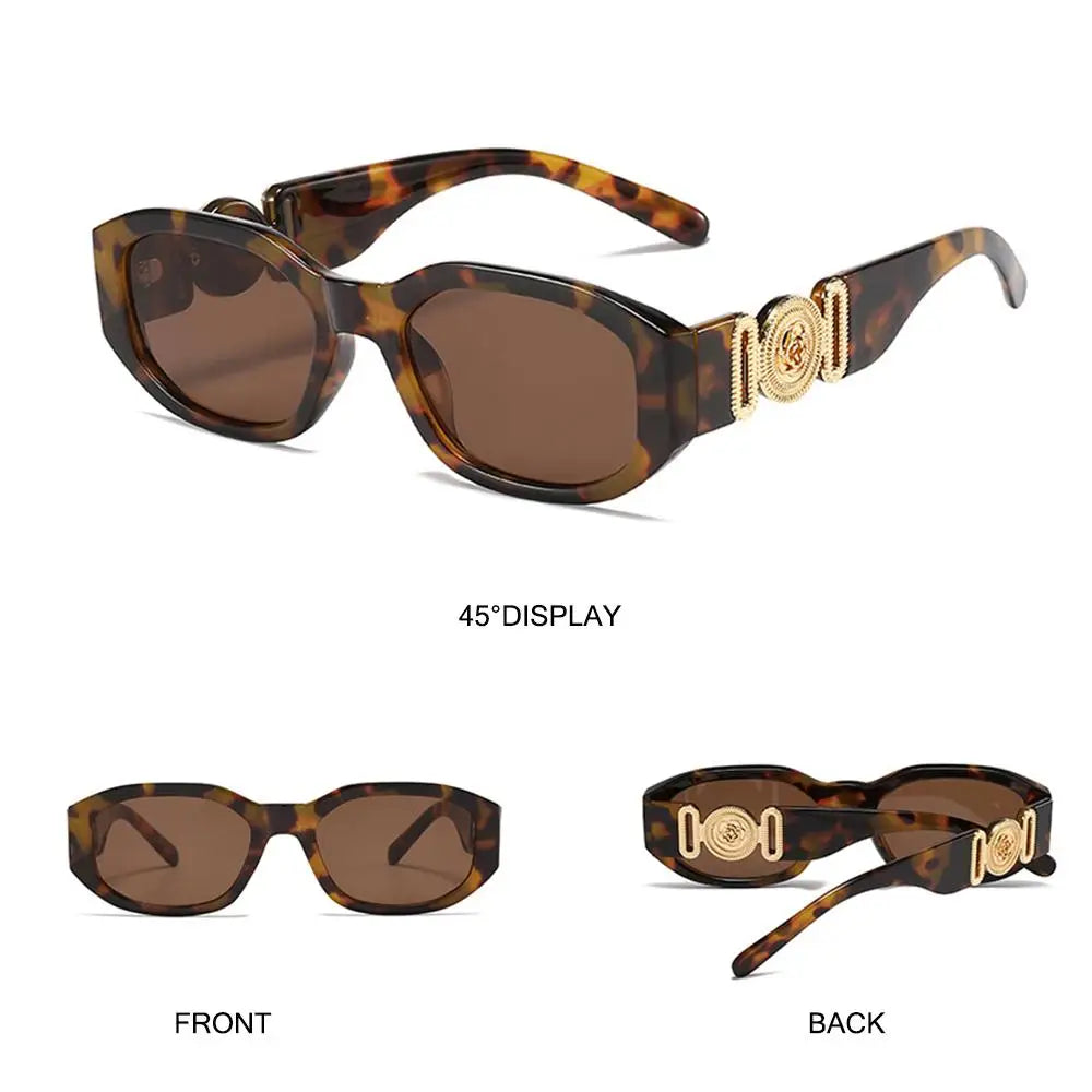 Brown leopard print sunglasses with gold metal detailing shown from the front and back.