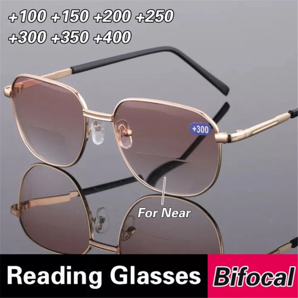 A pair of brown-tinted bifocal reading glasses displayed with various lens additions and a For Near marker.